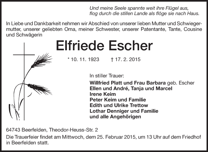  Traueranzeige für Elfriede Escher vom 23.02.2015 aus Odenwälder Echo