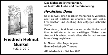 Traueranzeige von Friedrich Helmut Gunkel von Darmstädter Echo, Odenwälder Echo, Rüsselsheimer Echo, Groß-Gerauer-Echo, Ried Echo