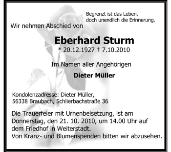 Traueranzeige von Eberhard Sturm von Echo-Zeitungen (Gesamtausgabe)