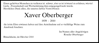 Traueranzeige von Xaver Oberberger von Rüsselsheimer Echo, Groß-Gerauer-Echo, Ried Echo