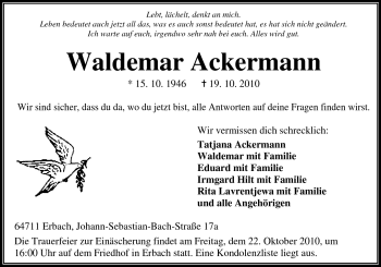 Traueranzeige von Waldemar Ackermann von Darmstädter Echo, Odenwälder Echo, Rüsselsheimer Echo, Groß-Gerauer-Echo, Ried Echo