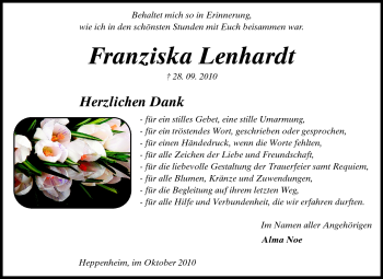Traueranzeige von Franziska Lenhardt von Starkenburger Echo