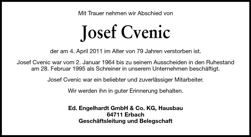  Traueranzeige für Josef Cvenic vom 13.04.2011 aus Odenwälder Echo