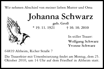 Traueranzeige von Johanna Schwarz von Darmstädter Echo, Odenwälder Echo, Rüsselsheimer Echo, Groß-Gerauer-Echo, Ried Echo