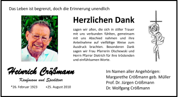 Traueranzeige von Heinrich Crößmann von Echo-Zeitungen (Gesamtausgabe)