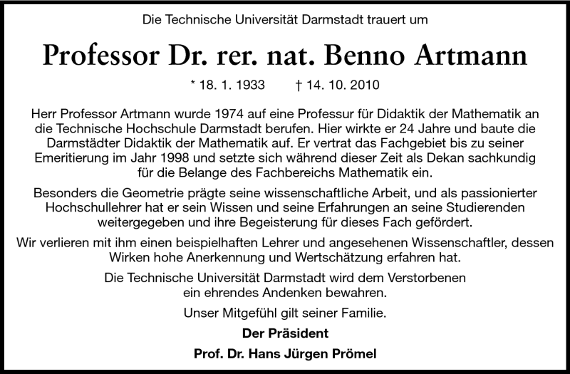  Traueranzeige für Prof. Benno Artmann vom 23.10.2010 aus Echo-Zeitungen (Gesamtausgabe)