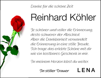 Traueranzeige von Reinhard Köhler von Darmstädter Echo, Odenwälder Echo, Rüsselsheimer Echo, Groß-Gerauer-Echo, Ried Echo