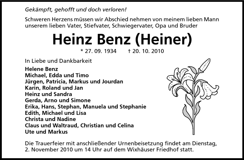  Traueranzeige für Heinz Benz vom 27.10.2010 aus Echo-Zeitungen (Gesamtausgabe)