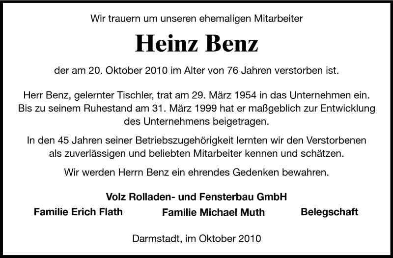  Traueranzeige für Heinz Benz vom 27.10.2010 aus Echo-Zeitungen (Gesamtausgabe)