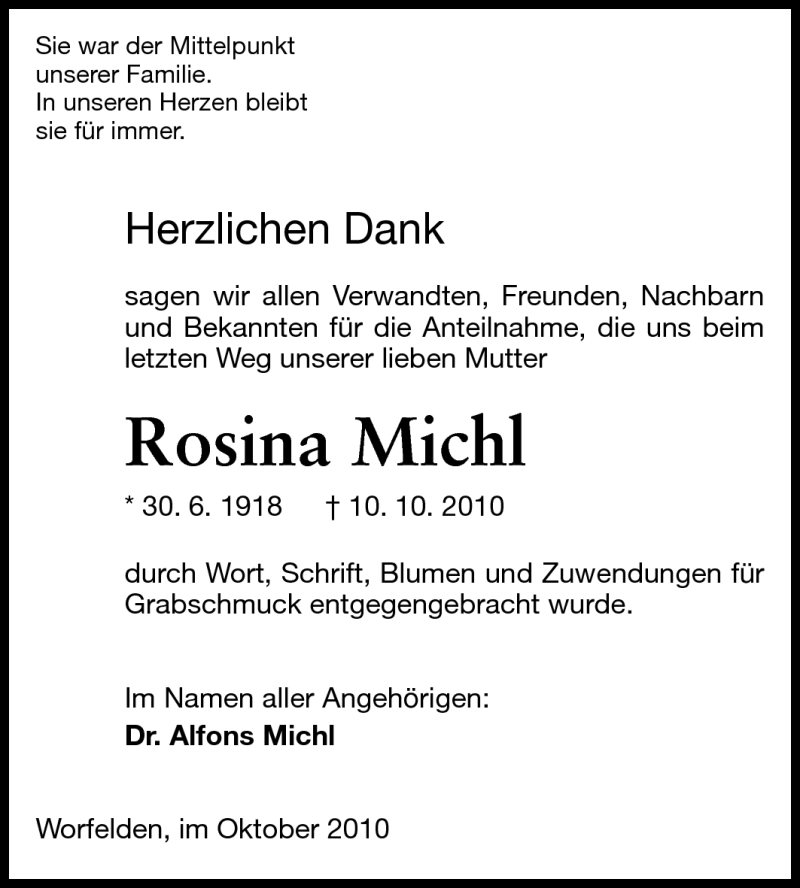  Traueranzeige für Rosina Michl vom 30.10.2010 aus Rüsselsheimer Echo, Groß-Gerauer-Echo, Ried Echo