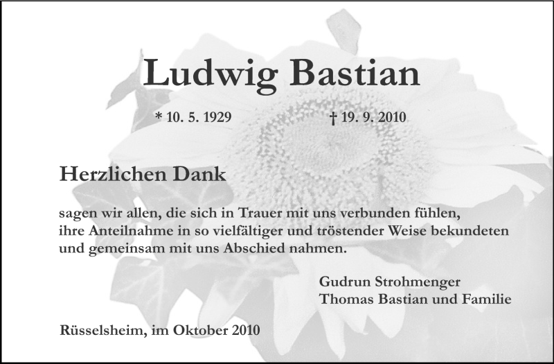  Traueranzeige für Ludwig Bastian vom 30.10.2010 aus Rüsselsheimer Echo, Groß-Gerauer-Echo, Ried Echo