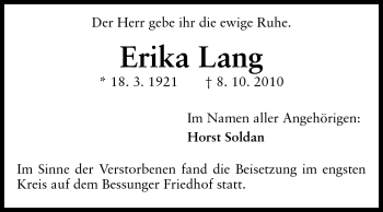 Traueranzeige von Erika Lang von Darmstädter Echo, Odenwälder Echo, Rüsselsheimer Echo, Groß-Gerauer-Echo, Ried Echo