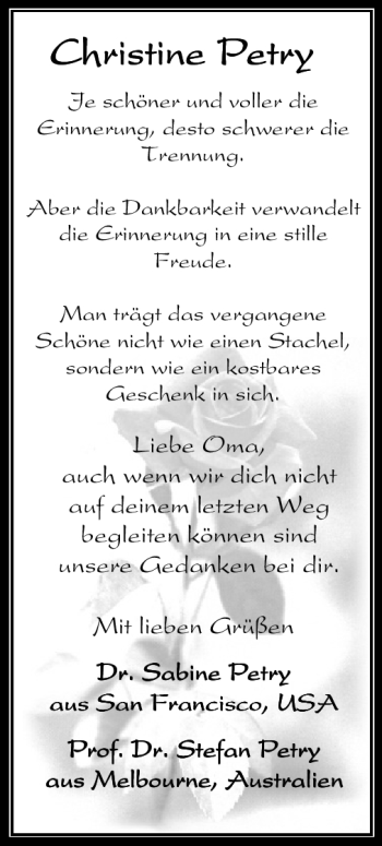 Traueranzeige von Christine Petry von Echo-Zeitungen (Gesamtausgabe)
