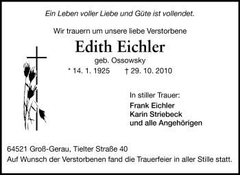 Traueranzeige von Edith Eichler von Rüsselsheimer Echo, Groß-Gerauer-Echo, Ried Echo