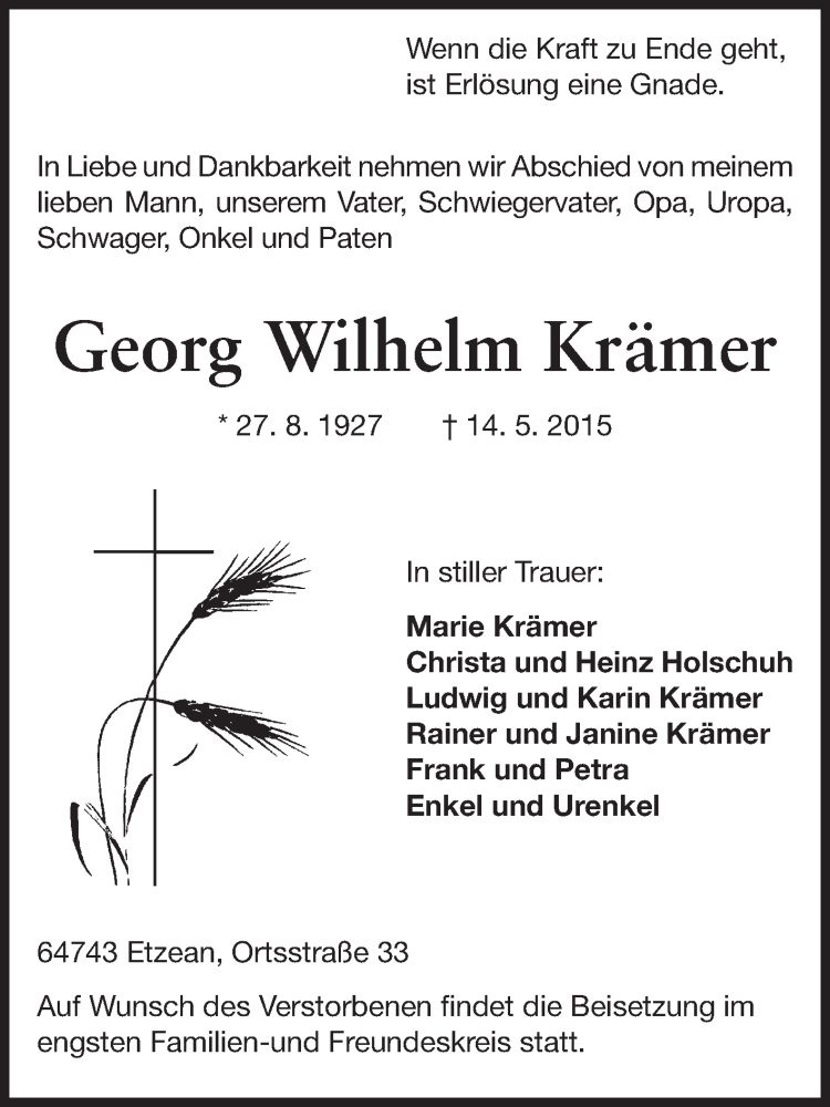  Traueranzeige für Georg Wilhelm Krämer vom 23.05.2015 aus Odenwälder Echo