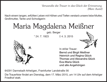 Traueranzeige von Maria Magdalena Meißner von Echo-Zeitungen (Gesamtausgabe)