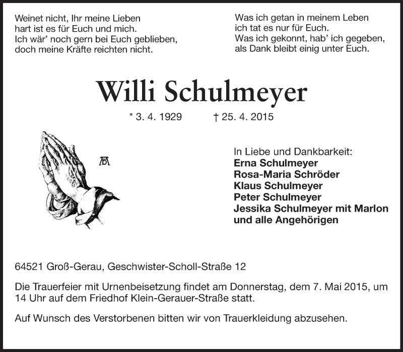  Traueranzeige für Willi Schulmeyer vom 05.05.2015 aus Rüsselsheimer Echo, Groß-Gerauer-Echo, Ried Echo