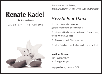 Traueranzeige von Renate Kadel von Odenwälder Echo