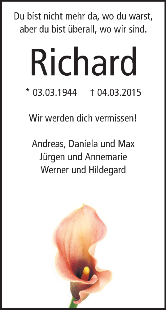  Traueranzeige für Richard Krumb vom 14.03.2015 aus Rüsselsheimer Echo, Groß-Gerauer-Echo, Ried Echo