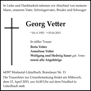 Traueranzeige von Georg Vetter von Darmstädter Echo, Odenwälder Echo, Rüsselsheimer Echo, Groß-Gerauer-Echo, Ried Echo