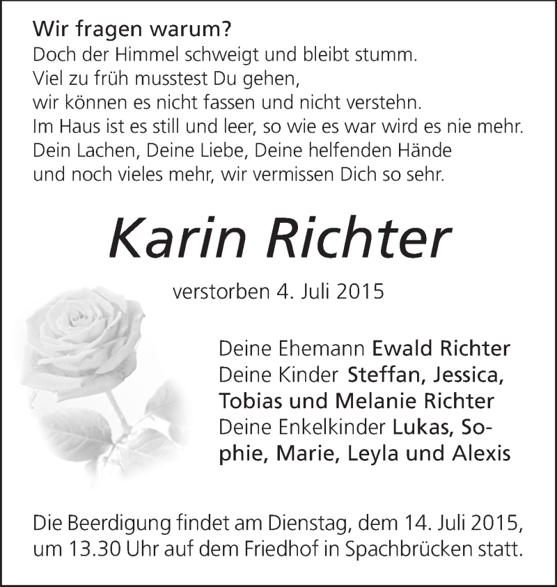  Traueranzeige für Karin Richter vom 13.07.2015 aus Echo-Zeitungen (Gesamtausgabe)