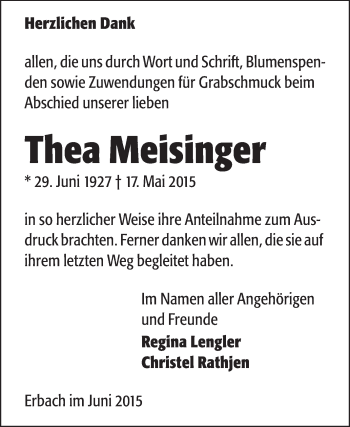 Traueranzeige von Thea Meisinger von Odenwälder Echo