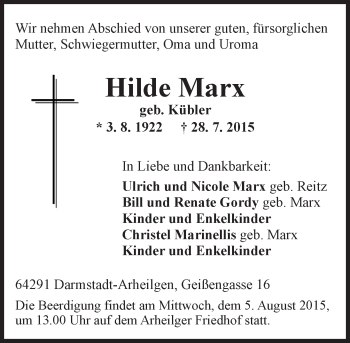 Traueranzeige von Hilde Marx von trauer.echo-online.de