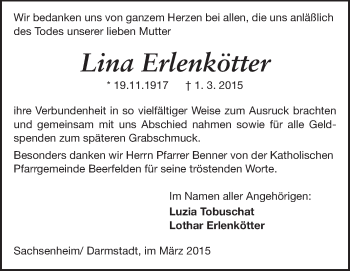 Traueranzeige von Lina Erlenkötter von Odenwälder Echo