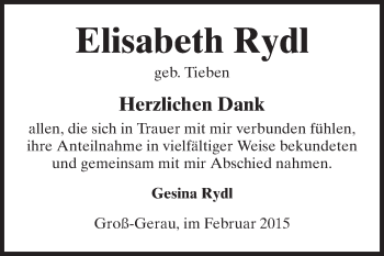 Traueranzeige von Elisabeth Rydl von Rüsselsheimer Echo, Groß-Gerauer-Echo, Ried Echo