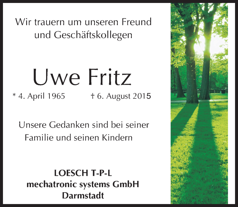 Traueranzeige für Uwe Fritz vom 15.08.2015 aus trauer.echo-online.de