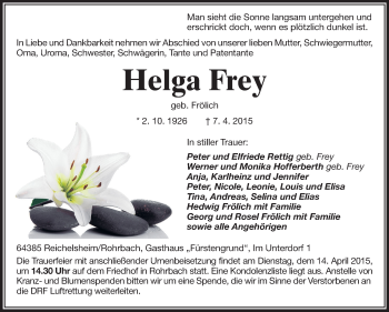 Traueranzeige von Helga Frey von Echo-Zeitungen (Gesamtausgabe)