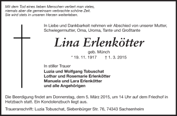 Traueranzeige von Lina Erlenkötter von Echo-Zeitungen (Gesamtausgabe)