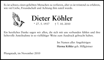 Traueranzeige von Dieter Köhler von Echo-Zeitungen (Gesamtausgabe)