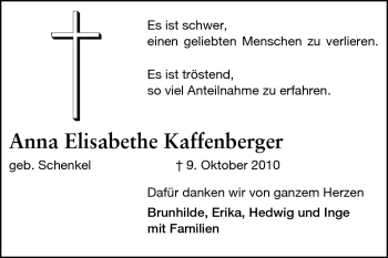 Traueranzeige von Anna Elisabethe Kaffenberger von Darmstädter Echo, Odenwälder Echo, Rüsselsheimer Echo, Groß-Gerauer-Echo, Ried Echo
