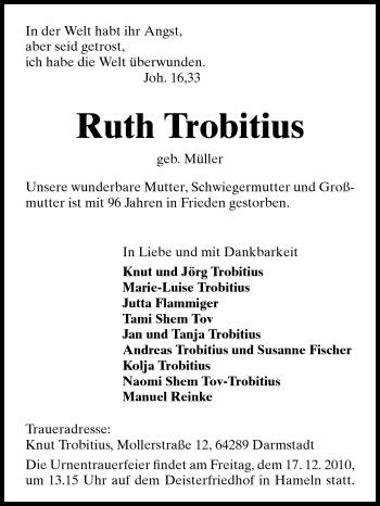 Traueranzeige von Ruth Trobitius von Darmstädter Echo, Odenwälder Echo, Rüsselsheimer Echo, Groß-Gerauer-Echo, Ried Echo