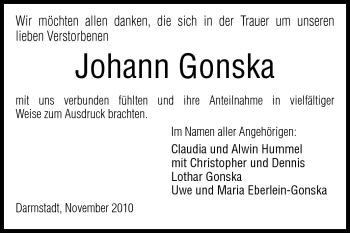 Traueranzeige von Johann Gonska von Darmstädter Echo, Odenwälder Echo, Rüsselsheimer Echo, Groß-Gerauer-Echo, Ried Echo