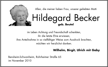 Traueranzeige von Hildegard Becker  von Starkenburger Echo