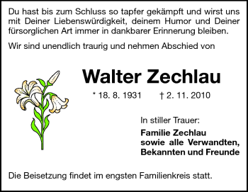 Traueranzeige von Walter ZEchlau von Darmstädter Echo, Odenwälder Echo, Rüsselsheimer Echo, Groß-Gerauer-Echo, Ried Echo