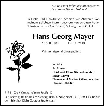 Traueranzeige von Hans Georg Mayer von Rüsselsheimer Echo, Groß-Gerauer-Echo, Ried Echo