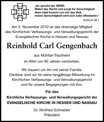 Traueranzeige von Reinhold Carl Gengenbach von Darmstädter Echo, Odenwälder Echo, Rüsselsheimer Echo, Groß-Gerauer-Echo, Ried Echo