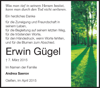 Traueranzeige von Erwin Gügel von Echo-Zeitungen (Gesamtausgabe)