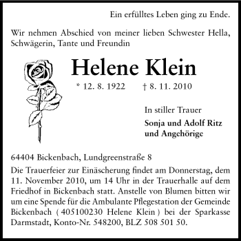 Traueranzeige von Helene Klein von Echo-Zeitungen (Gesamtausgabe)