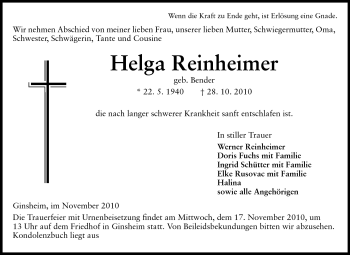 Traueranzeige von Helga Reinheimer von Rüsselsheimer Echo, Groß-Gerauer-Echo, Ried Echo