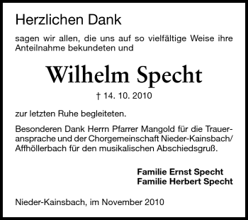 Traueranzeige von Wilhelm Specht von Echo-Zeitungen (Gesamtausgabe)