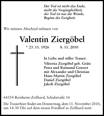 Traueranzeige von Valentin Ziergöbel von Echo-Zeitungen (Gesamtausgabe)