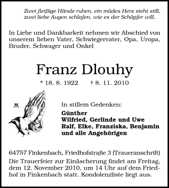 Traueranzeige von Franz Dlouhy von Darmstädter Echo, Odenwälder Echo, Rüsselsheimer Echo, Groß-Gerauer-Echo, Ried Echo