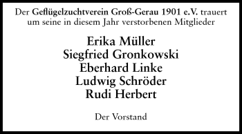 Traueranzeige von Mitglieder Geflügelzuchtverein Groß-Gerau von Rüsselsheimer Echo, Groß-Gerauer-Echo, Ried Echo