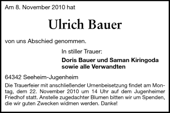 Traueranzeige von Ulrich Bauer von Echo-Zeitungen (Gesamtausgabe)