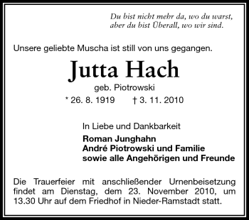 Traueranzeige von Jutta Hach von Darmstädter Echo, Odenwälder Echo, Rüsselsheimer Echo, Groß-Gerauer-Echo, Ried Echo