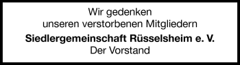 Traueranzeige von Mitglieder Siedlergemeinschaft Rüsselsheim von Rüsselsheimer Echo, Groß-Gerauer-Echo, Ried Echo